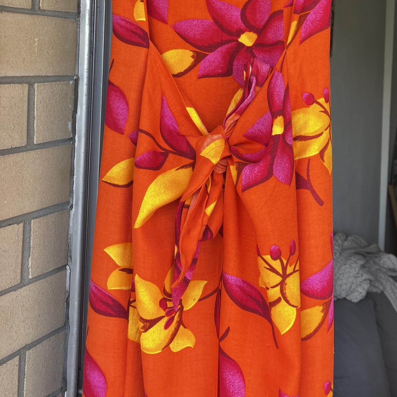 Vintage orange, yellow and pink floral dress. Ties... - Depop