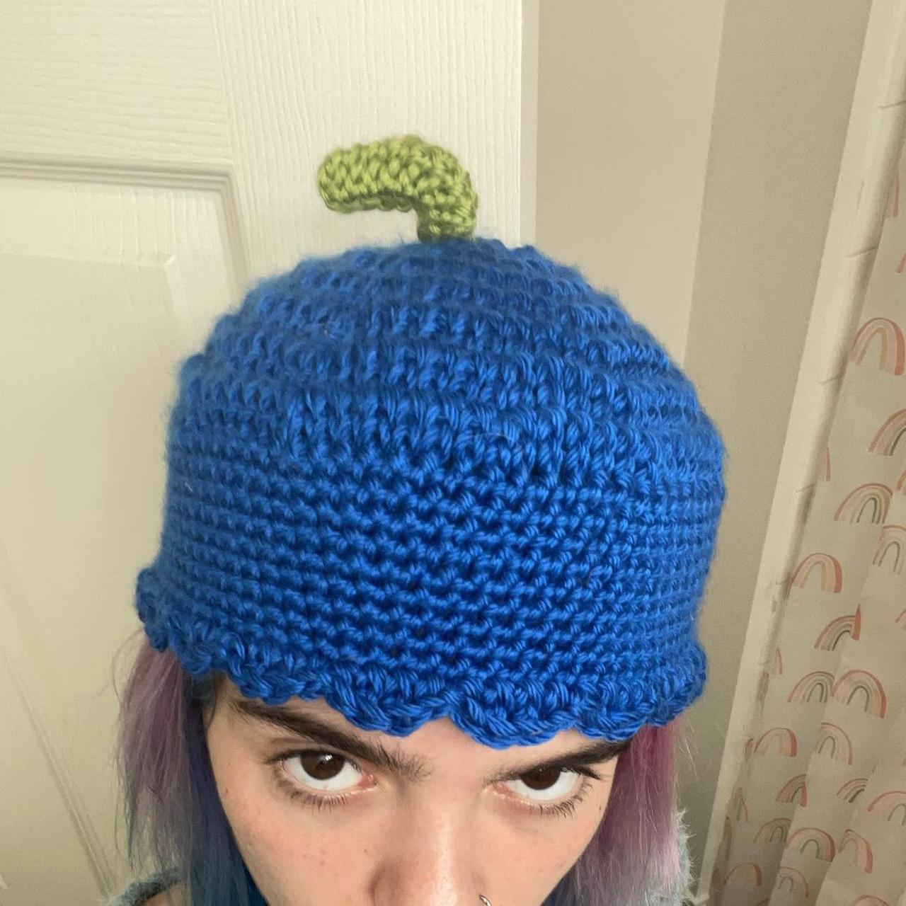 Crochet blueberry beanie with leaves Stretchy, cute, - Depop