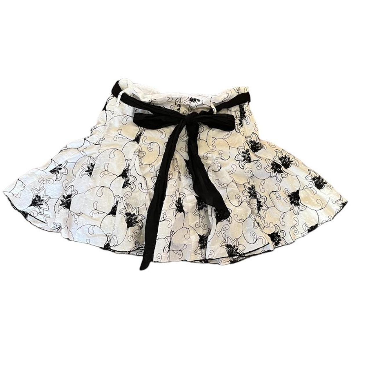 White skirt with black floral flower stitching ... - Depop