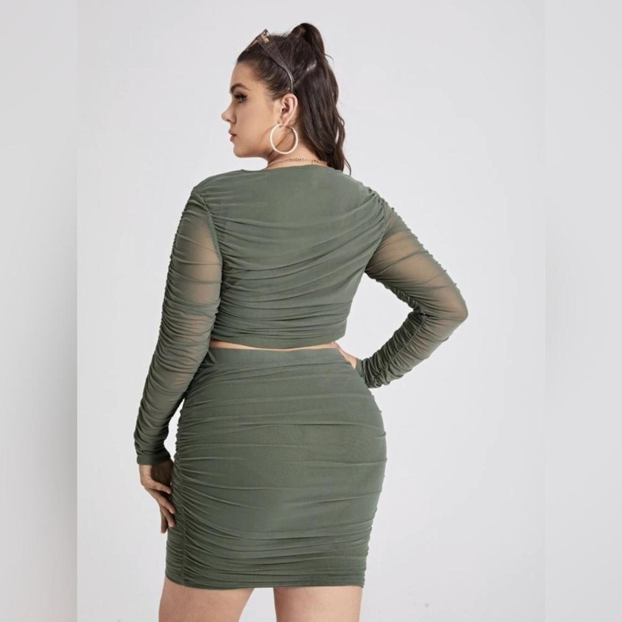 Olive/Green Mesh Overlay Mini Skirt and Long Sleeve