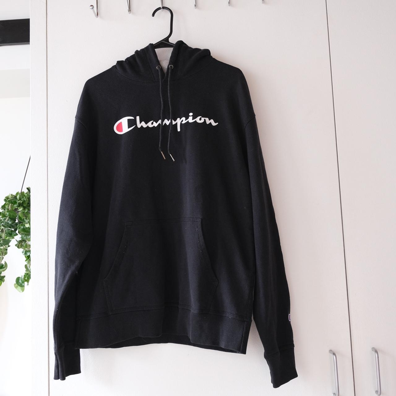 black long sleeve Champion logo hoodie - Depop
