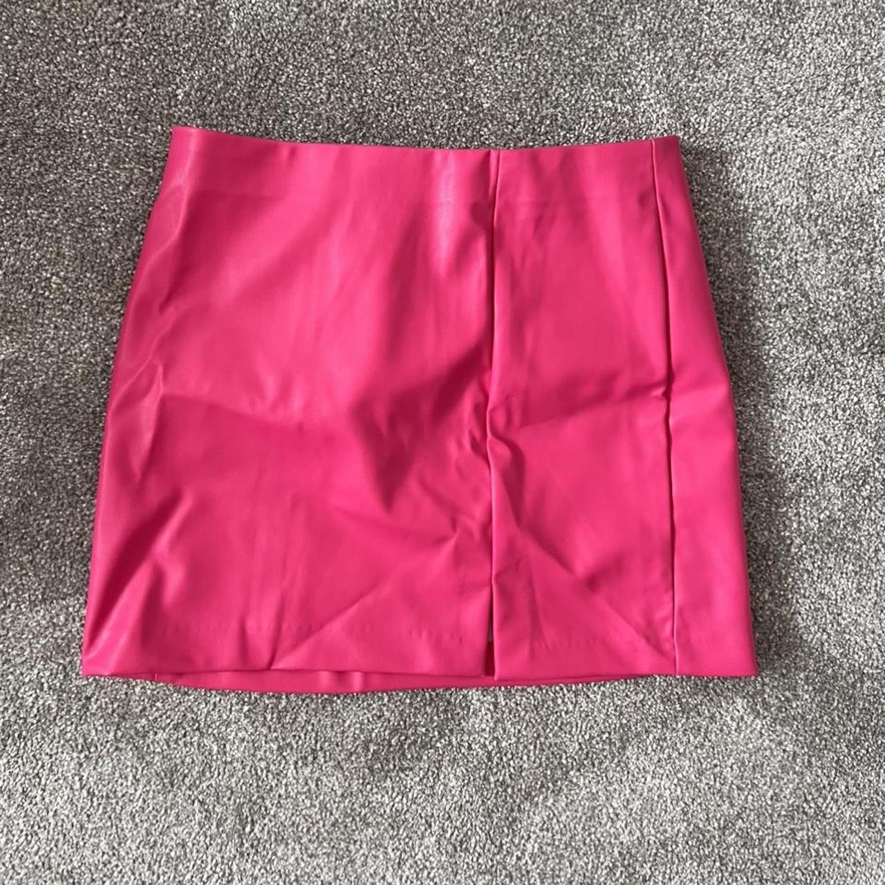 H&M faux leather hot pink mini skirt with slit Size... Depop