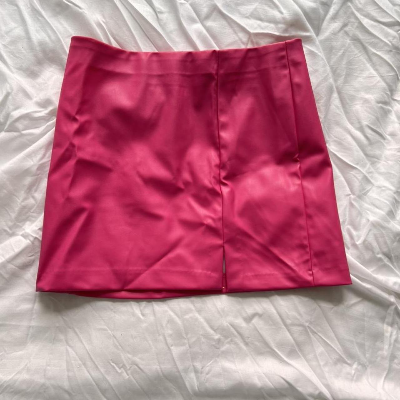 H&M faux leather hot pink mini skirt with slit Size... Depop