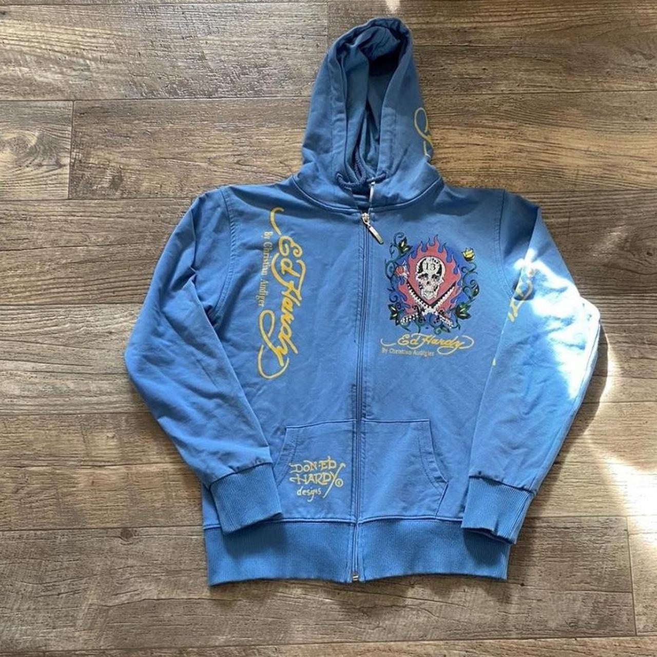 Ed Hardy Women's Blue Hoodie | Depop