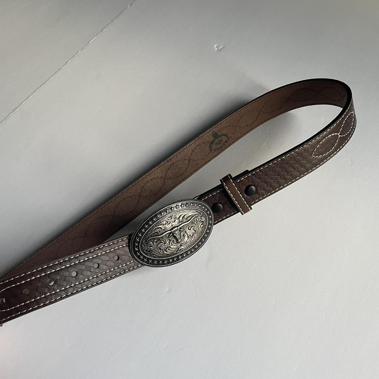 western brown leather belt lovee the big buckle... - Depop