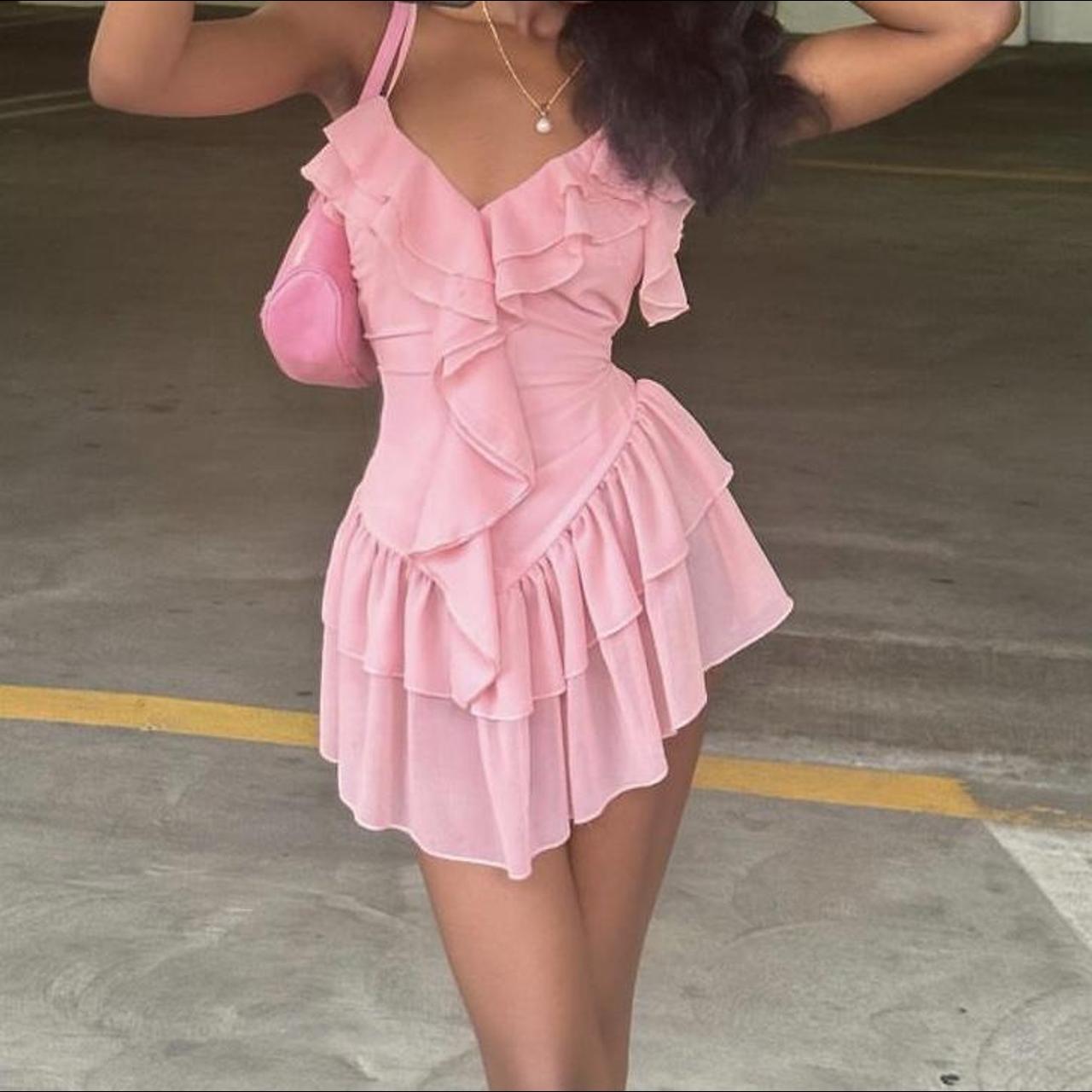 Pink Ruffle Mini Dress - ballerina fit - super... - Depop
