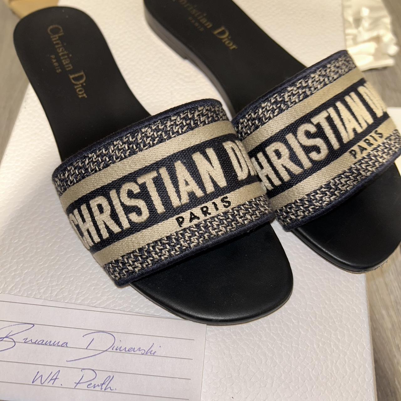 Christian Dior Women's Navy and White Slides | Depop