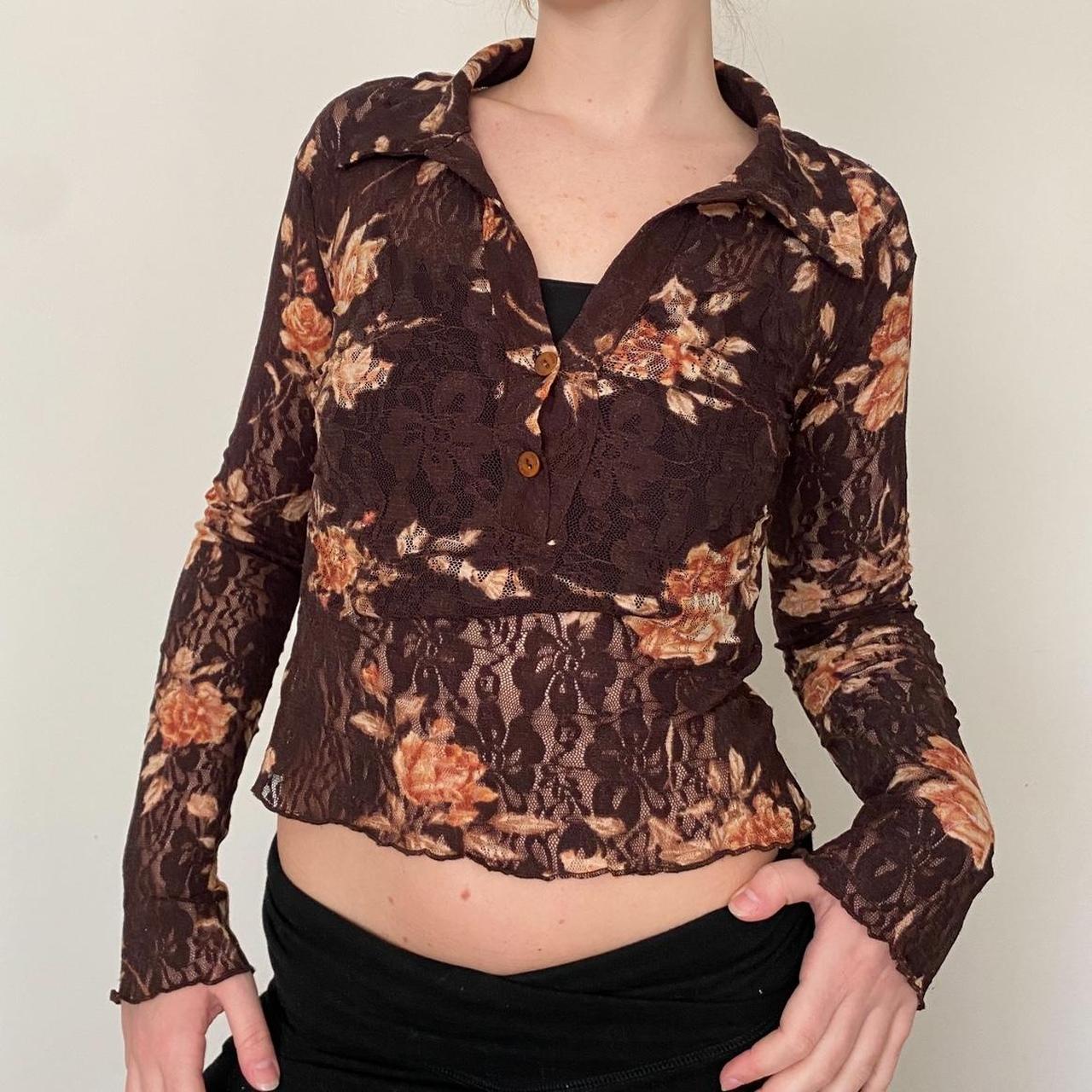 Y2k hot brown floral boho 1/4 sleeve top