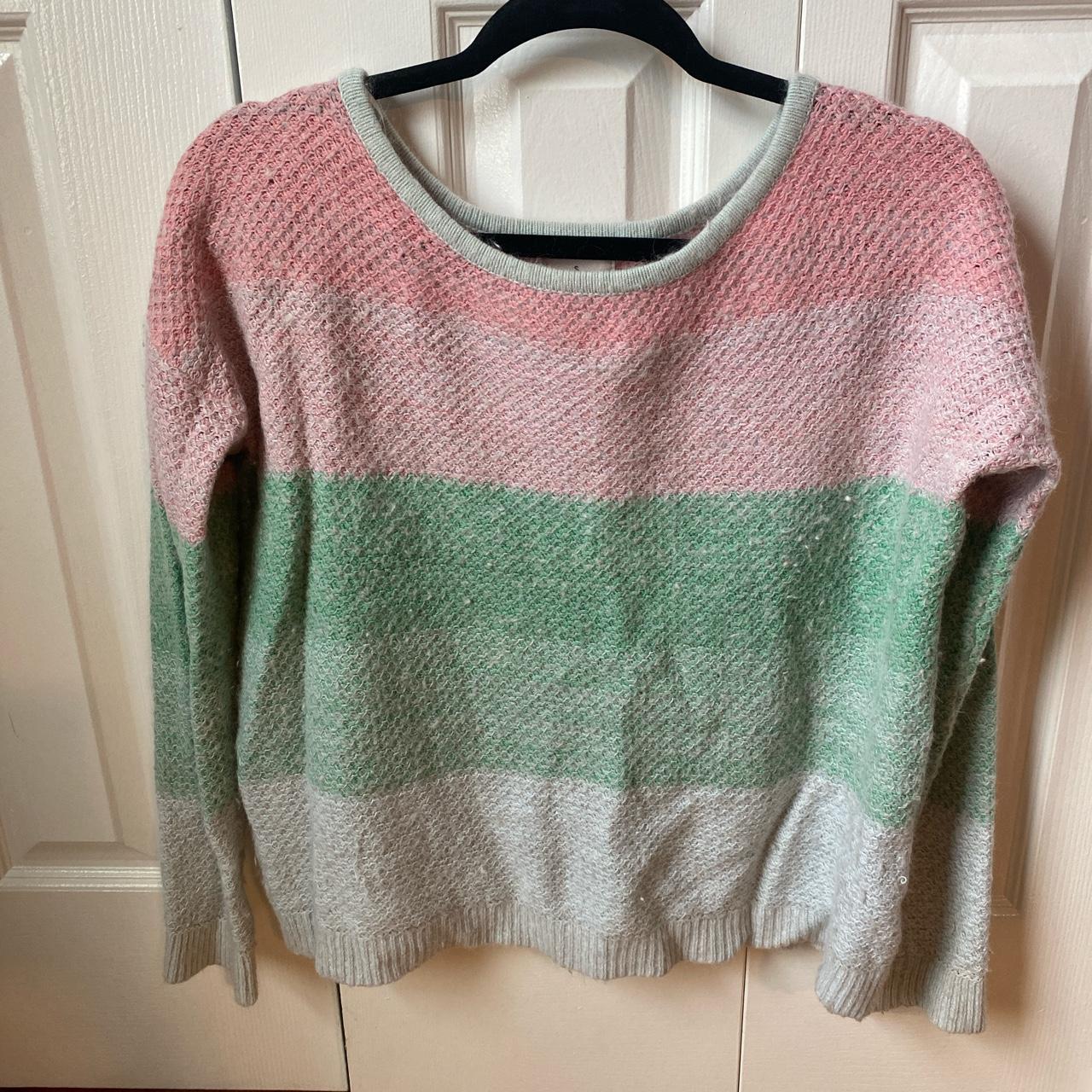 Multi-colored pink and green sweater. Well-loved,... - Depop