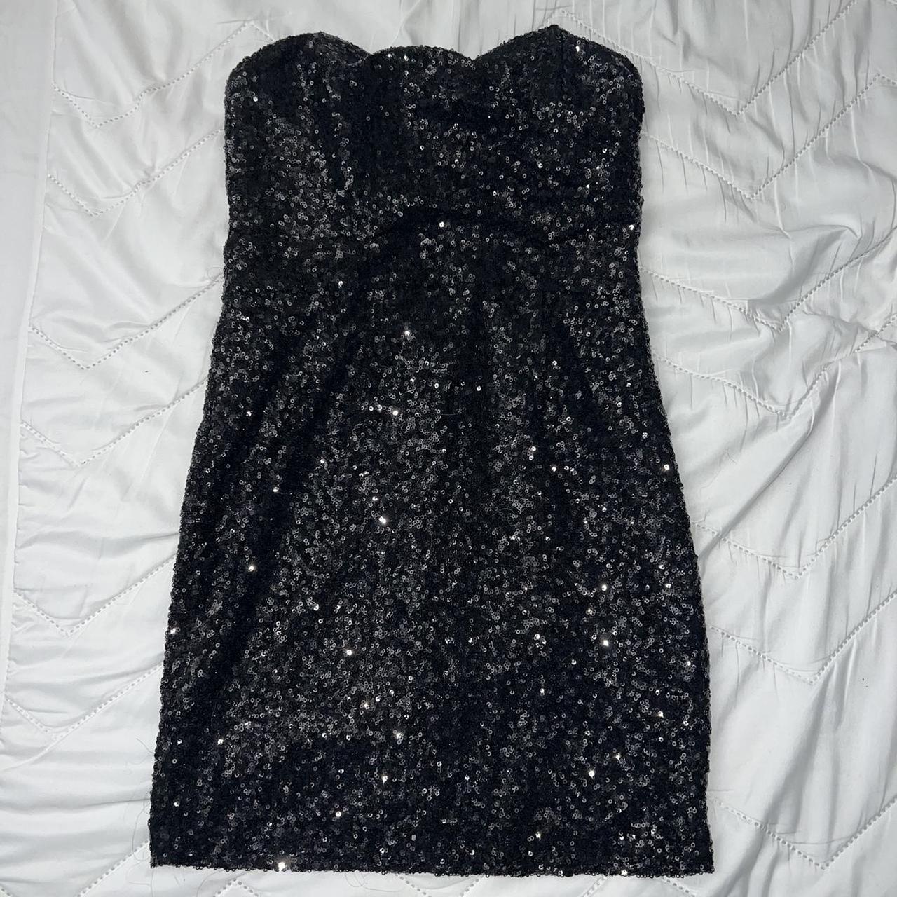 sparkly black bodycon strapless dress best fits... - Depop