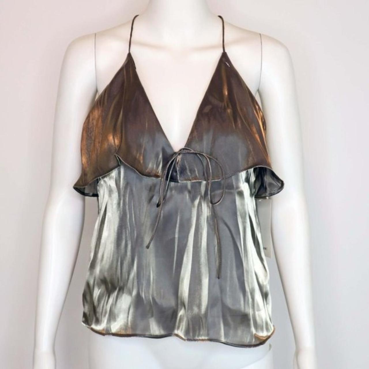 Description: Zara Basic Metallic Foil Ruffle Blouse... - Depop