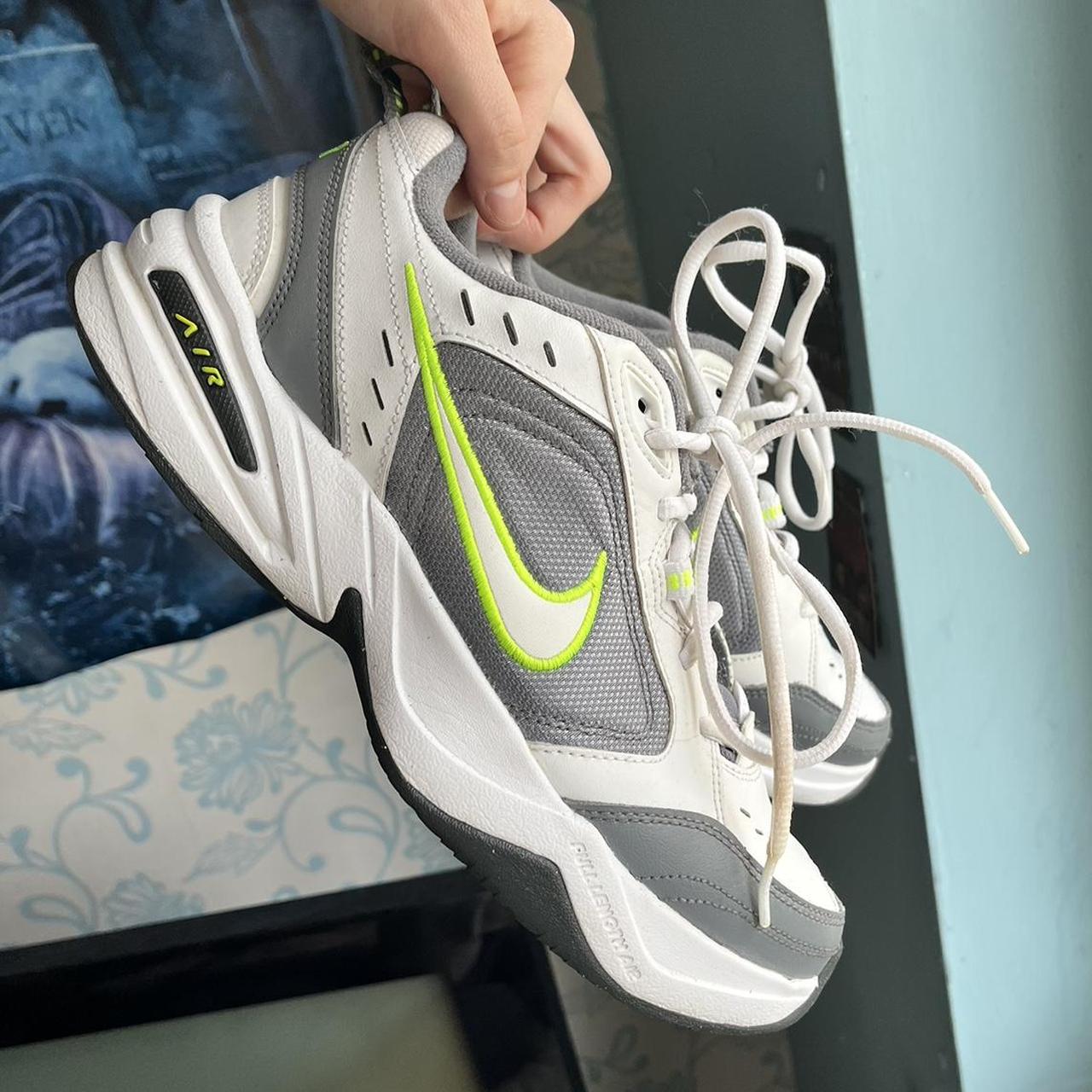 White grey neon green Nike air monarch trainers