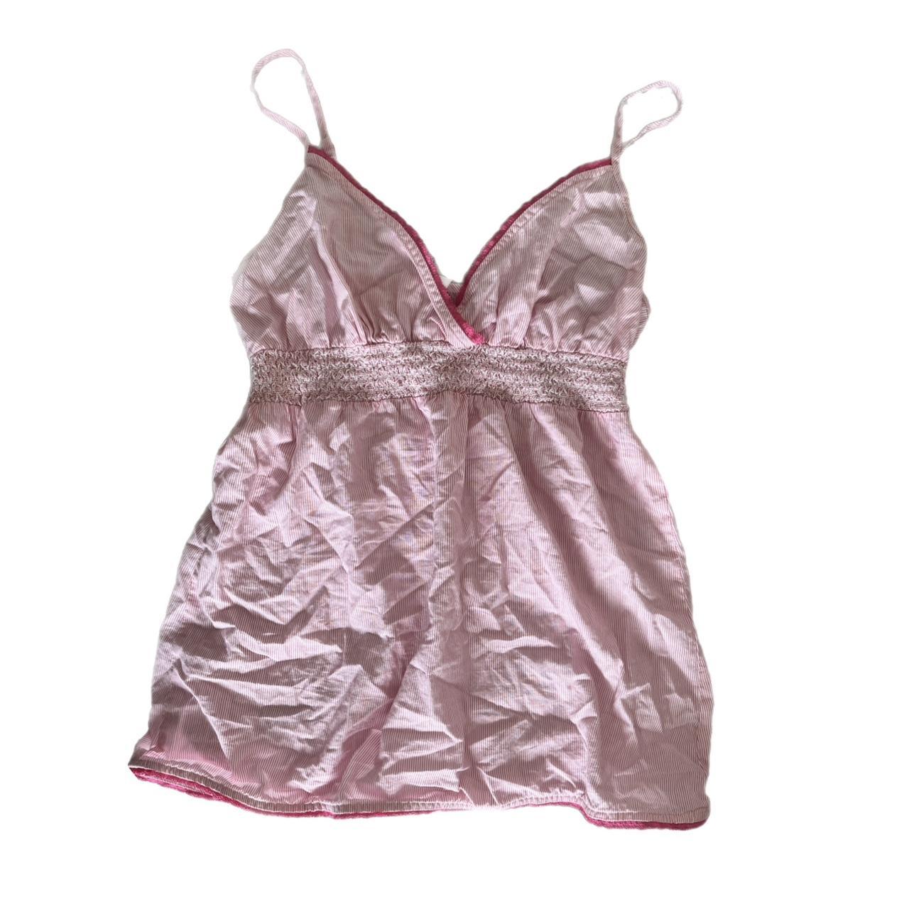 pink babydoll tank top tiny stripes lace trim 2000s... Depop