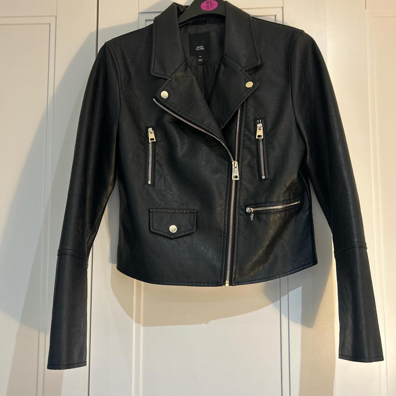 Black faux leather biker jacket with gold zip. Depop