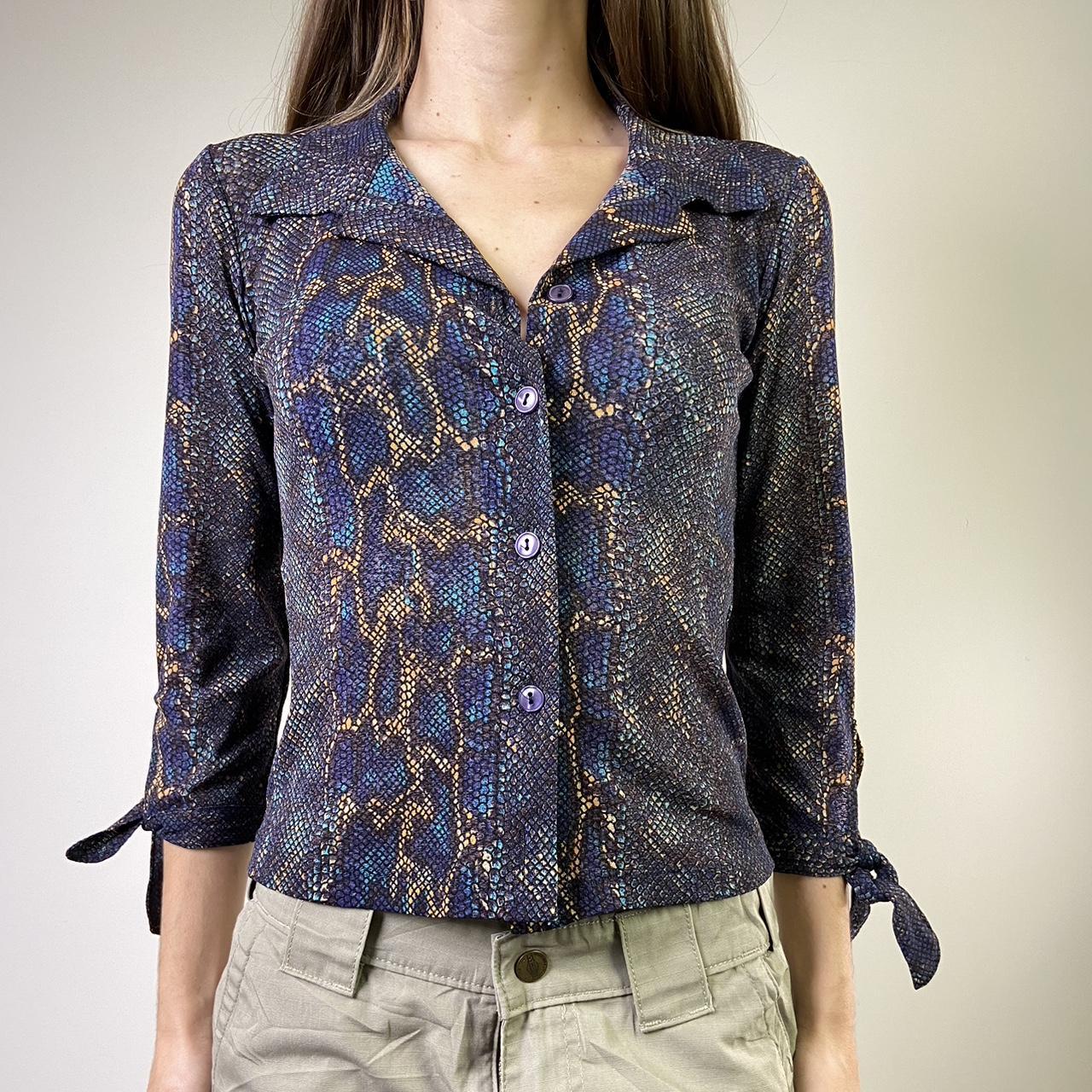 Y2K snake print button up mesh shirt Recommended... - Depop