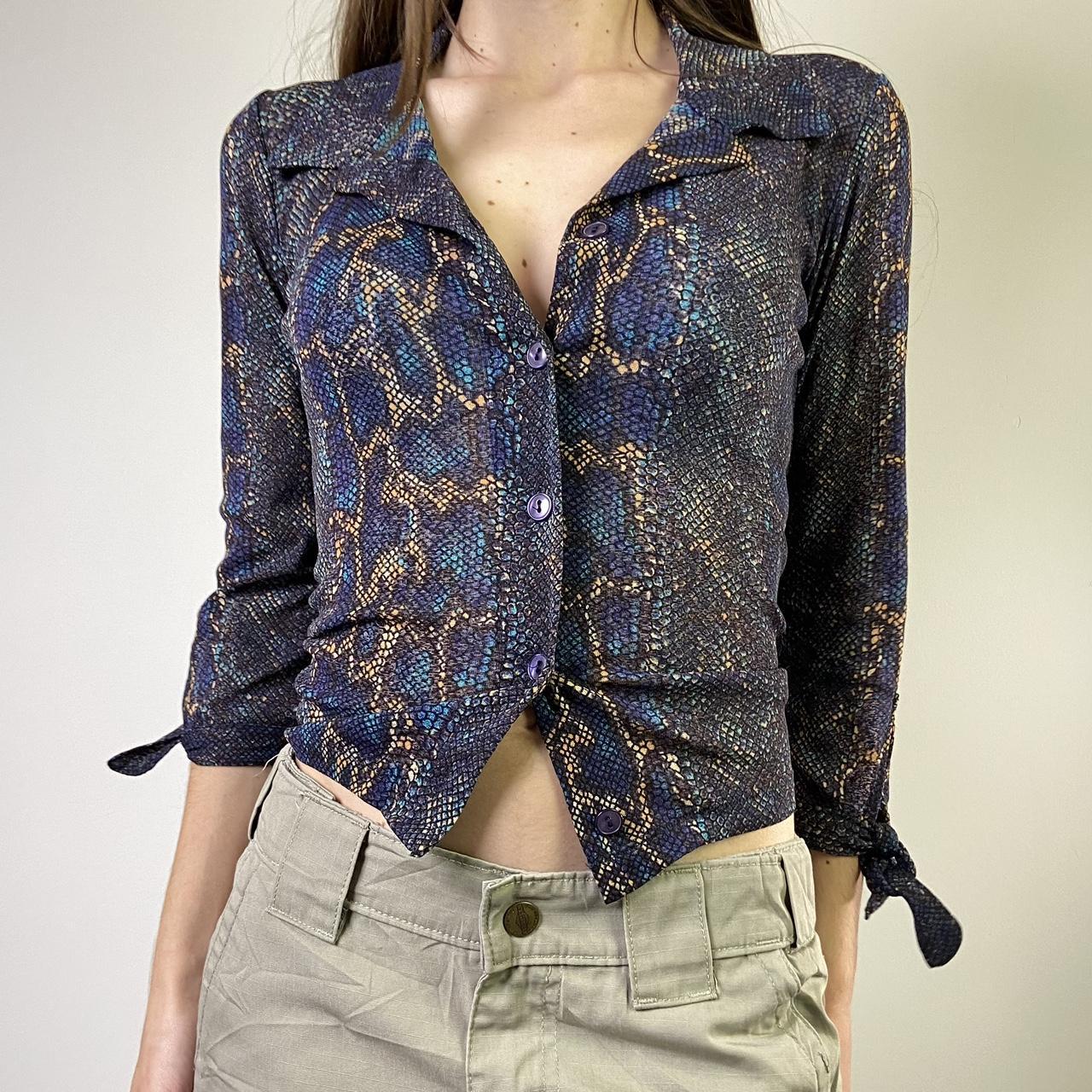 Y2K snake print button up mesh shirt Depop