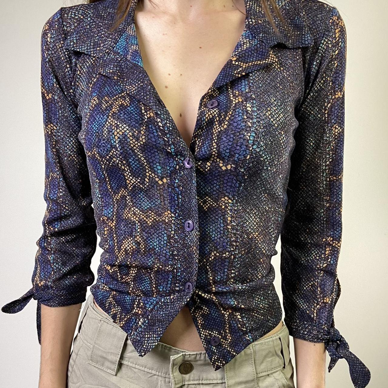 Y2K snake print button up mesh shirt Recommended... - Depop