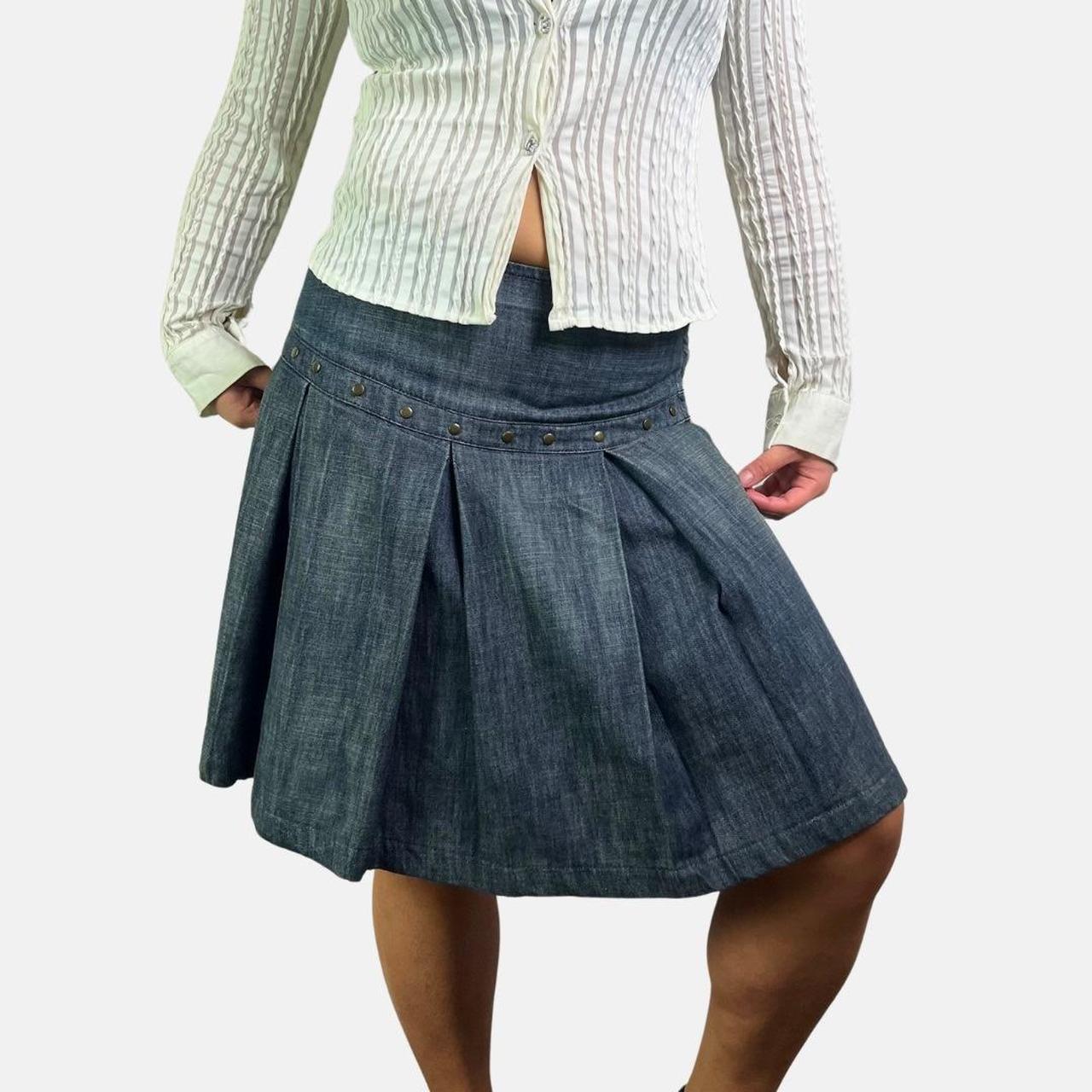 Pleated denim skirt knee length best sale