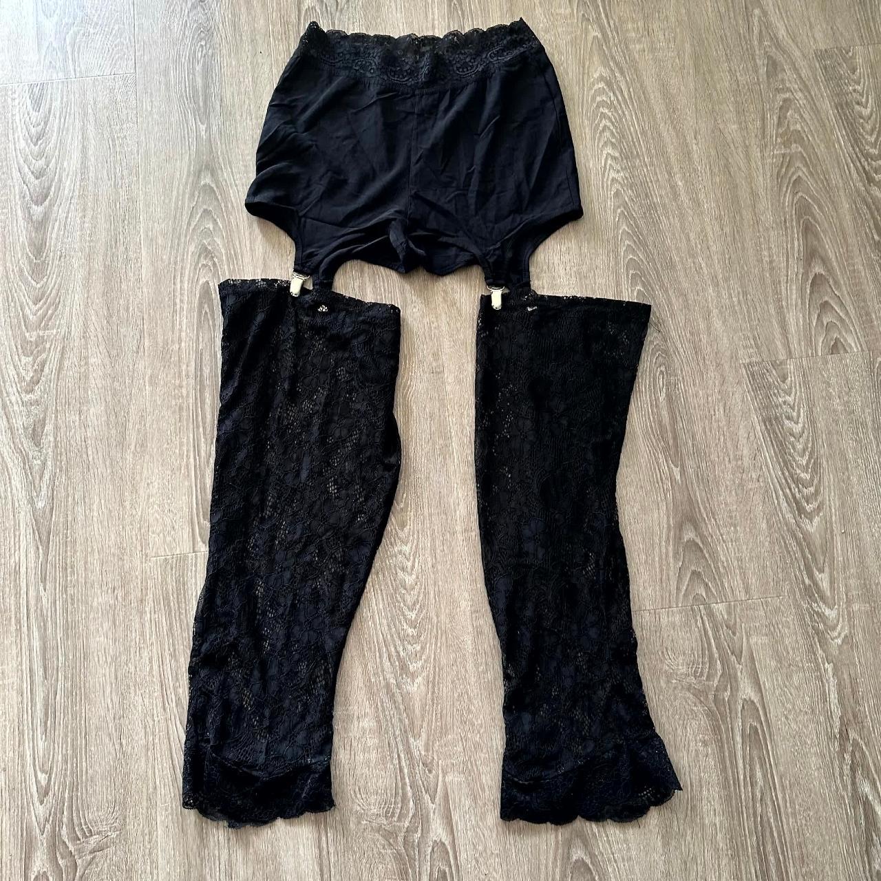 black garter shorts + lace pant legs basically... Depop