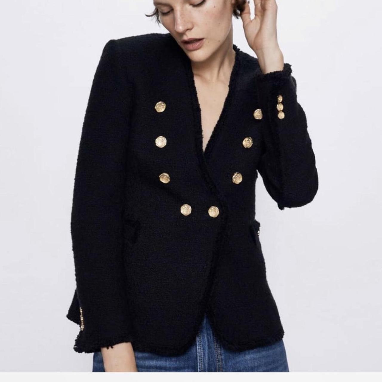 NWT ZARA 2024 Women Tailored Double Breasted Black Blazer Black Gold Size Medium