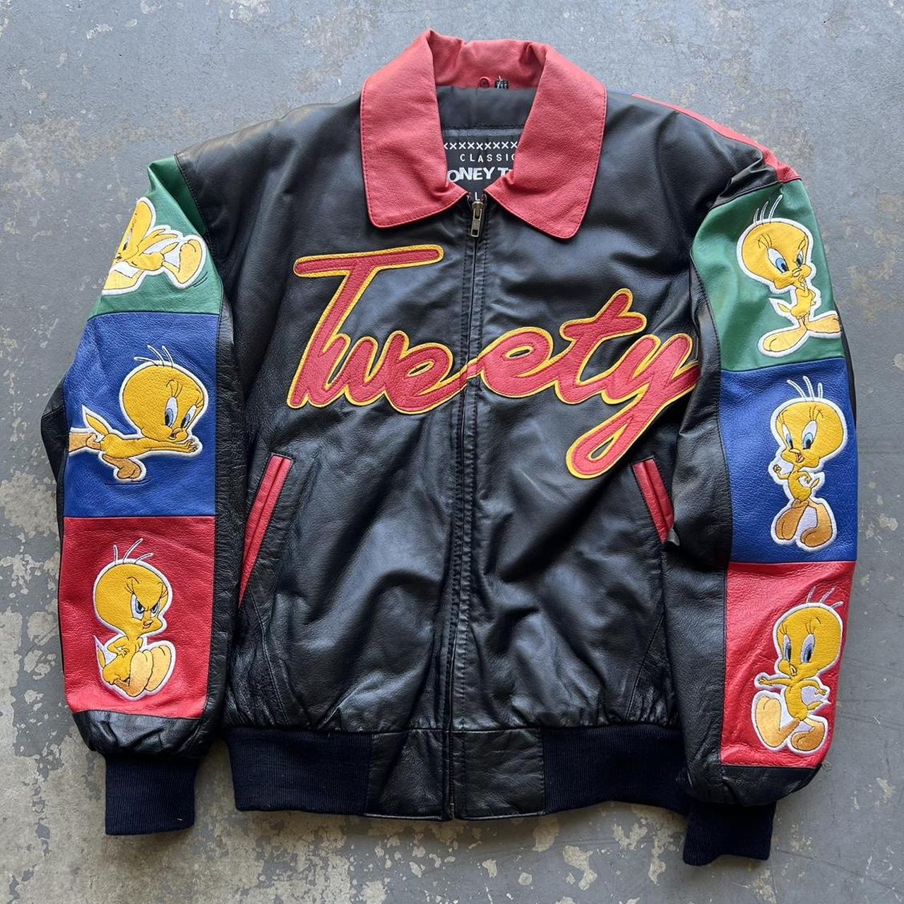 Vintage Tweety Looney Tunes Leather Jacket Size... - Depop