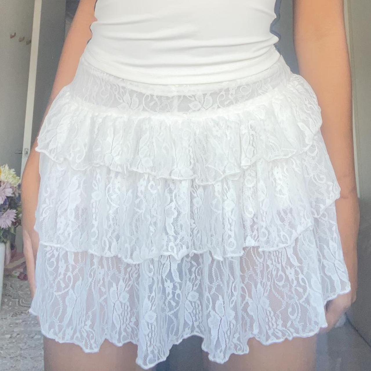 White Three Tiered mini ruffle skirt, super stretchy... - Depop