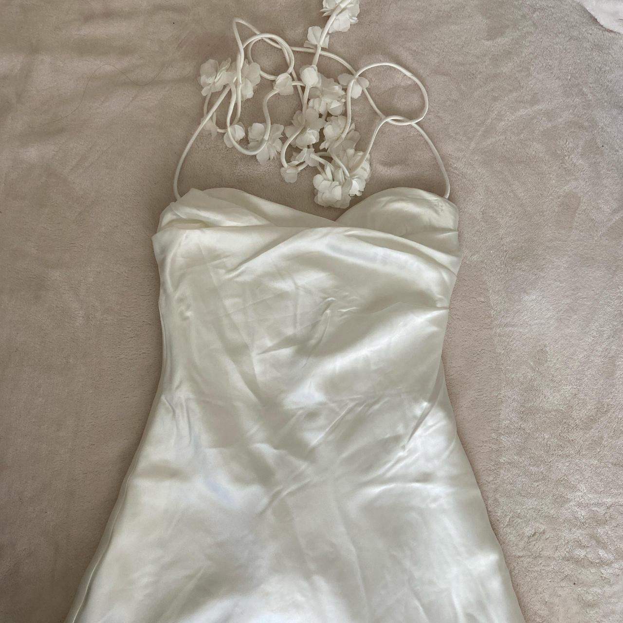 Meshki White Otillie Rose Halter Satin Mini Dress... - Depop