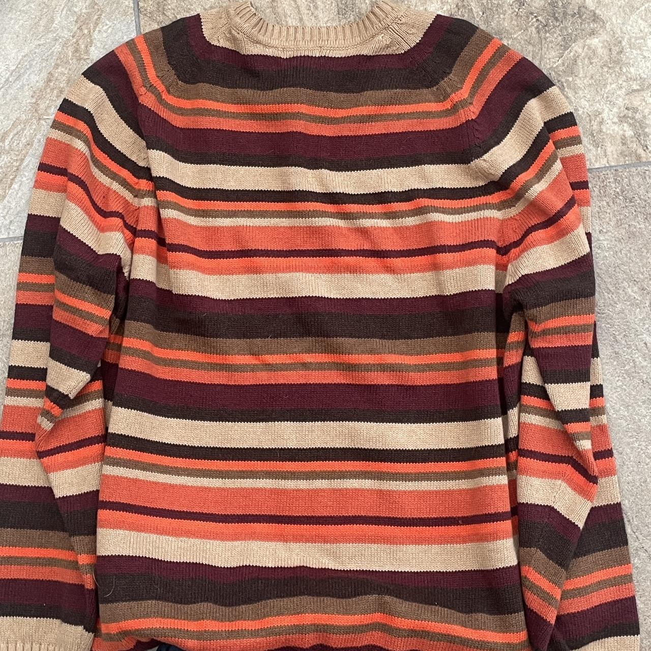 Striped autumnal coloured jumper. orange / burgundy... - Depop