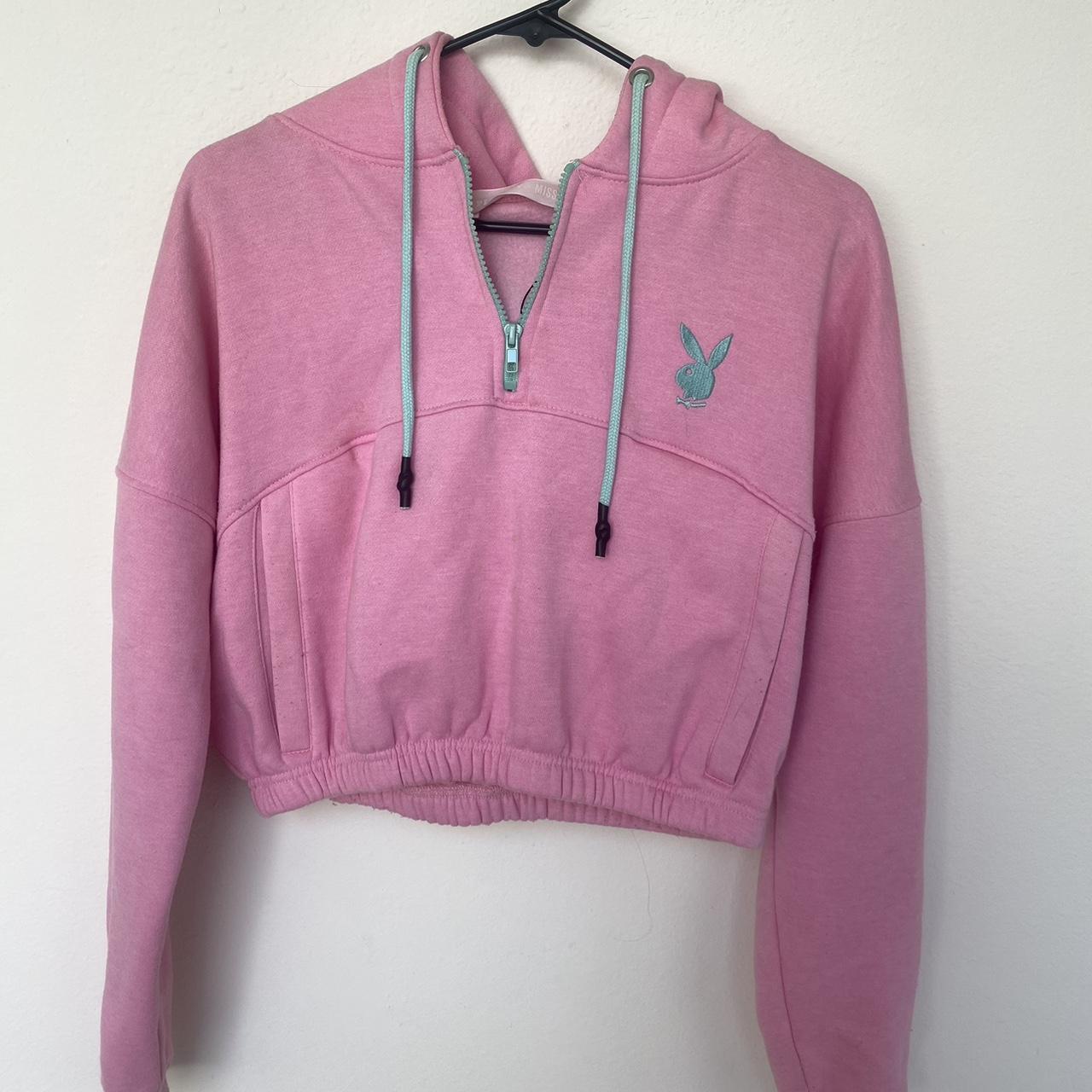 Playboy x Missguided pink and blue cropped hoodie. Depop