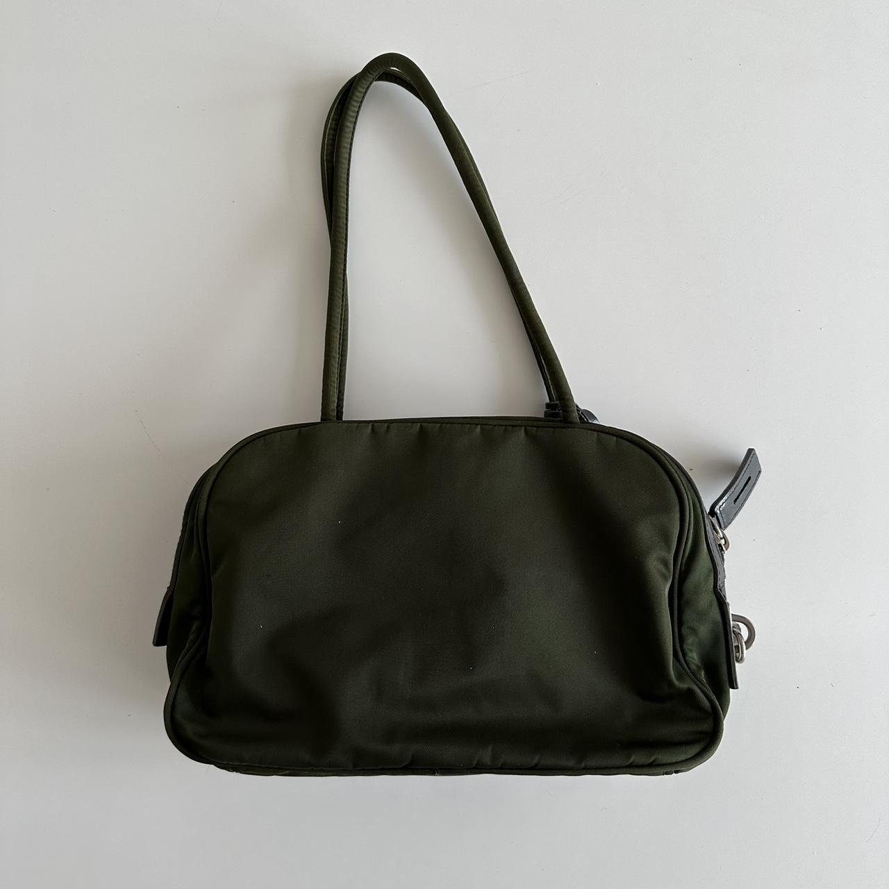 vintage prada green nylon shoulder bag has leather... Depop