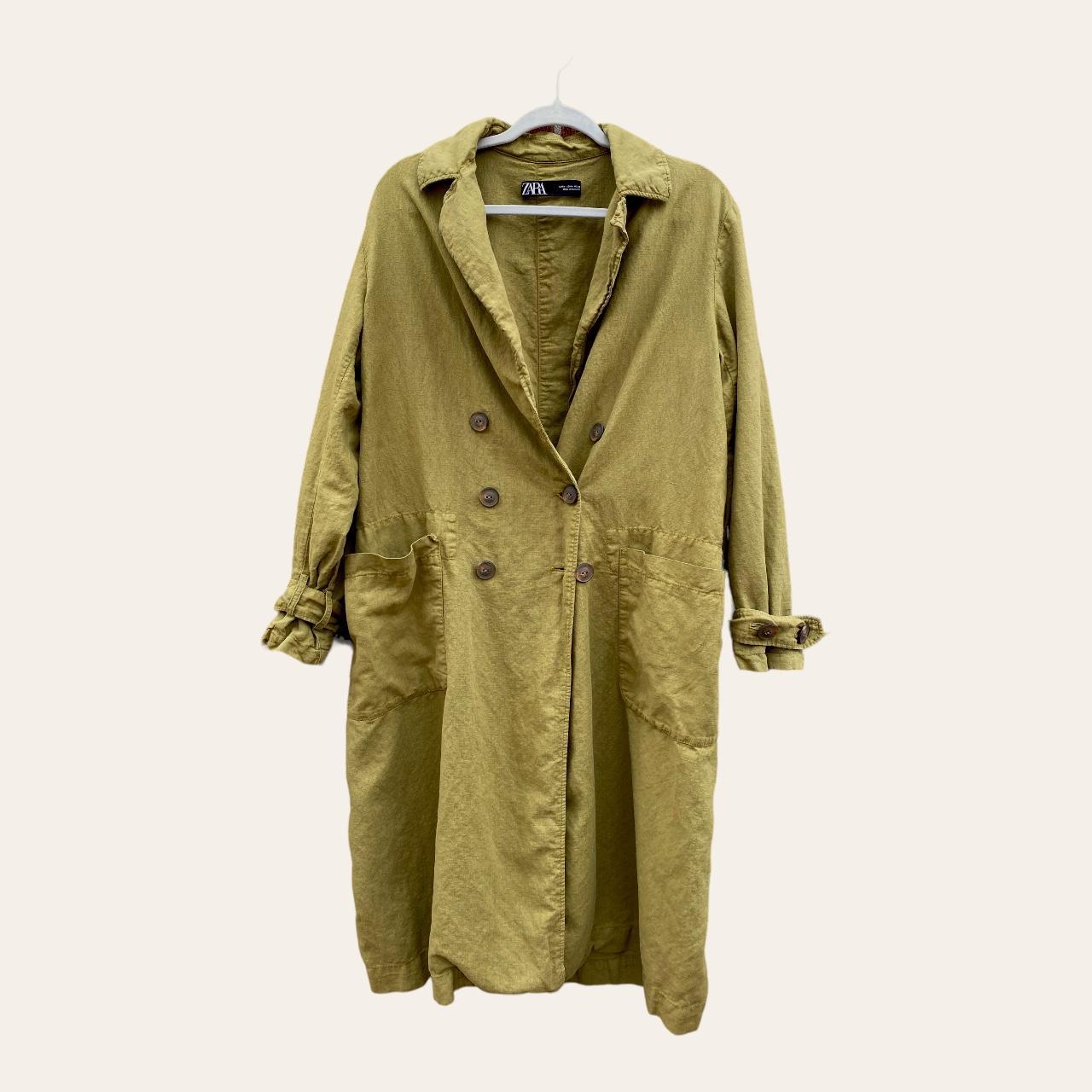 zara olive green linen trench coat - size m -... - Depop