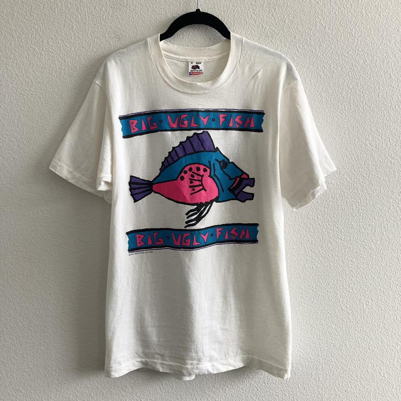 Vintage 1990 Big Ugly Fish Tee White single stitch - Depop