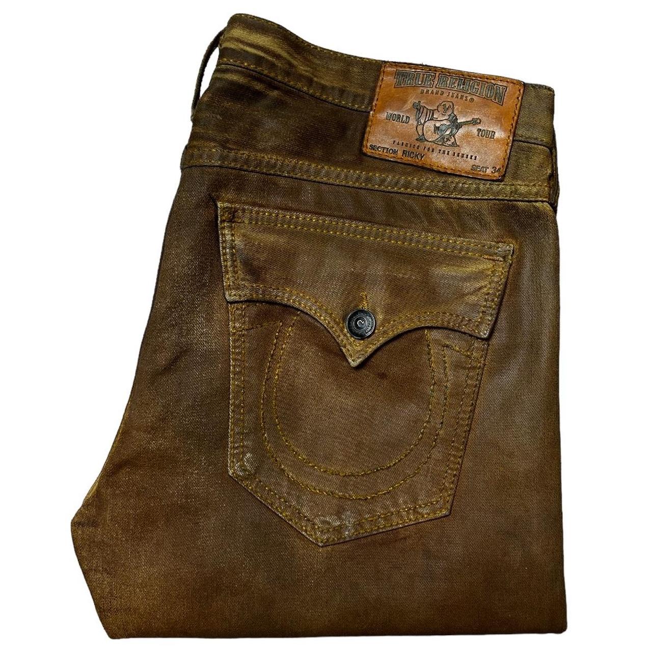 High quality True Religion Ricky Waxed Coated Men’s Jeans 40 Brown Flap Pockets Distressed