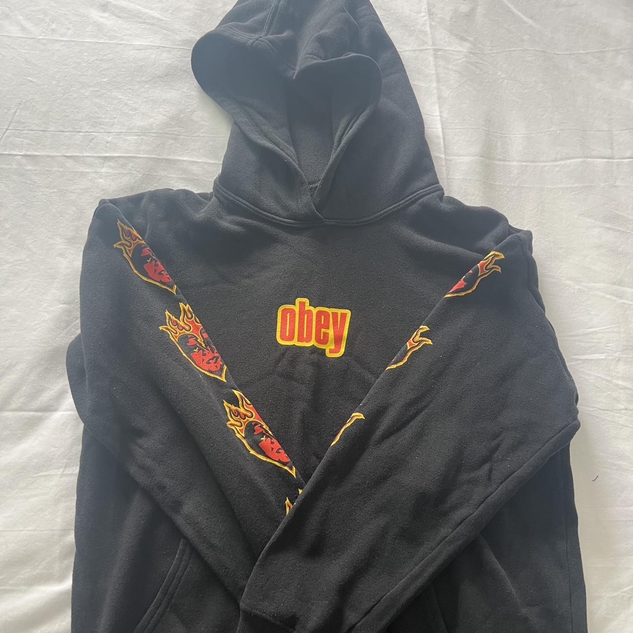 Black Red Flame Heart OBEY Hoodie Womens Size. Depop