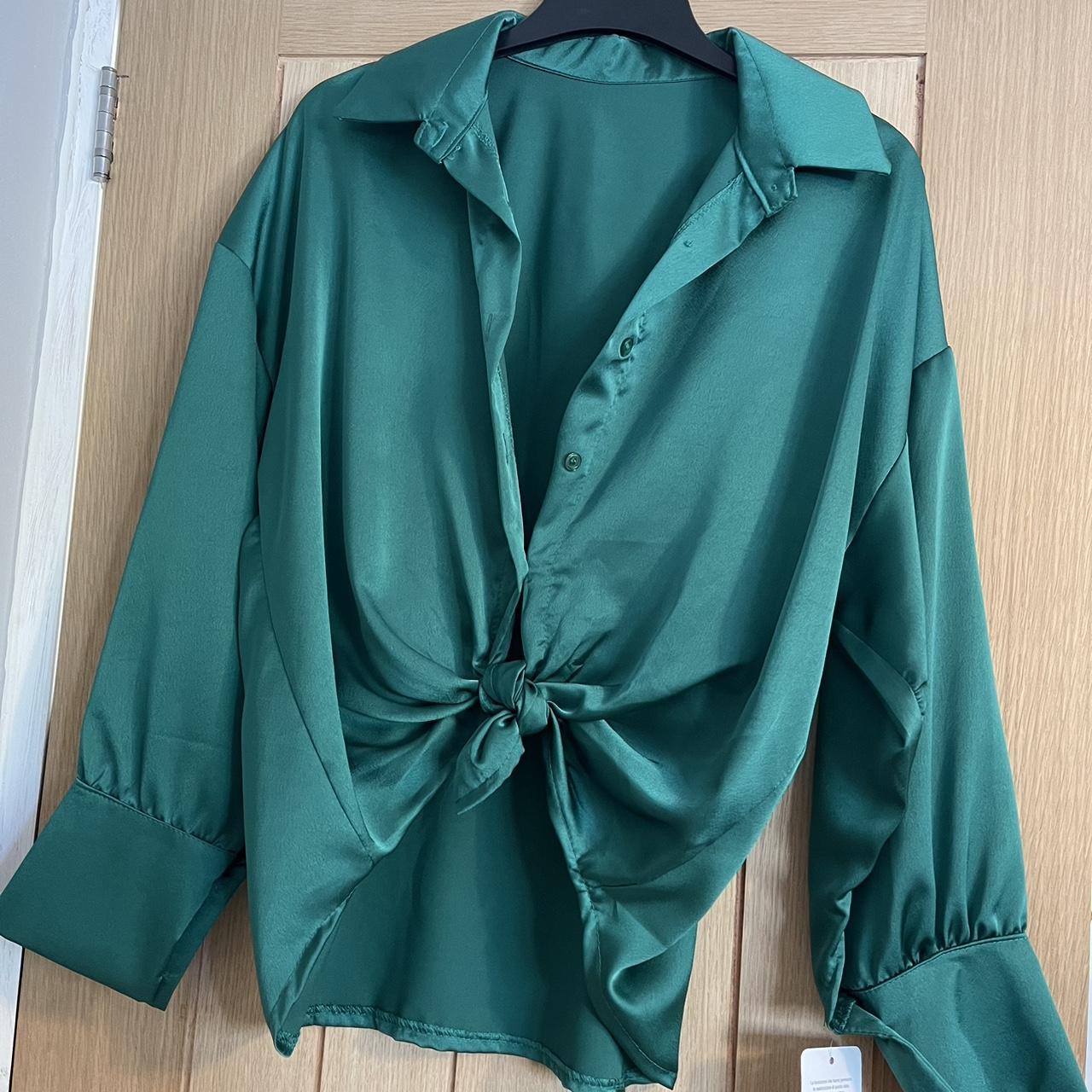 Oversized green satin shirt Size: small Boutique... - Depop