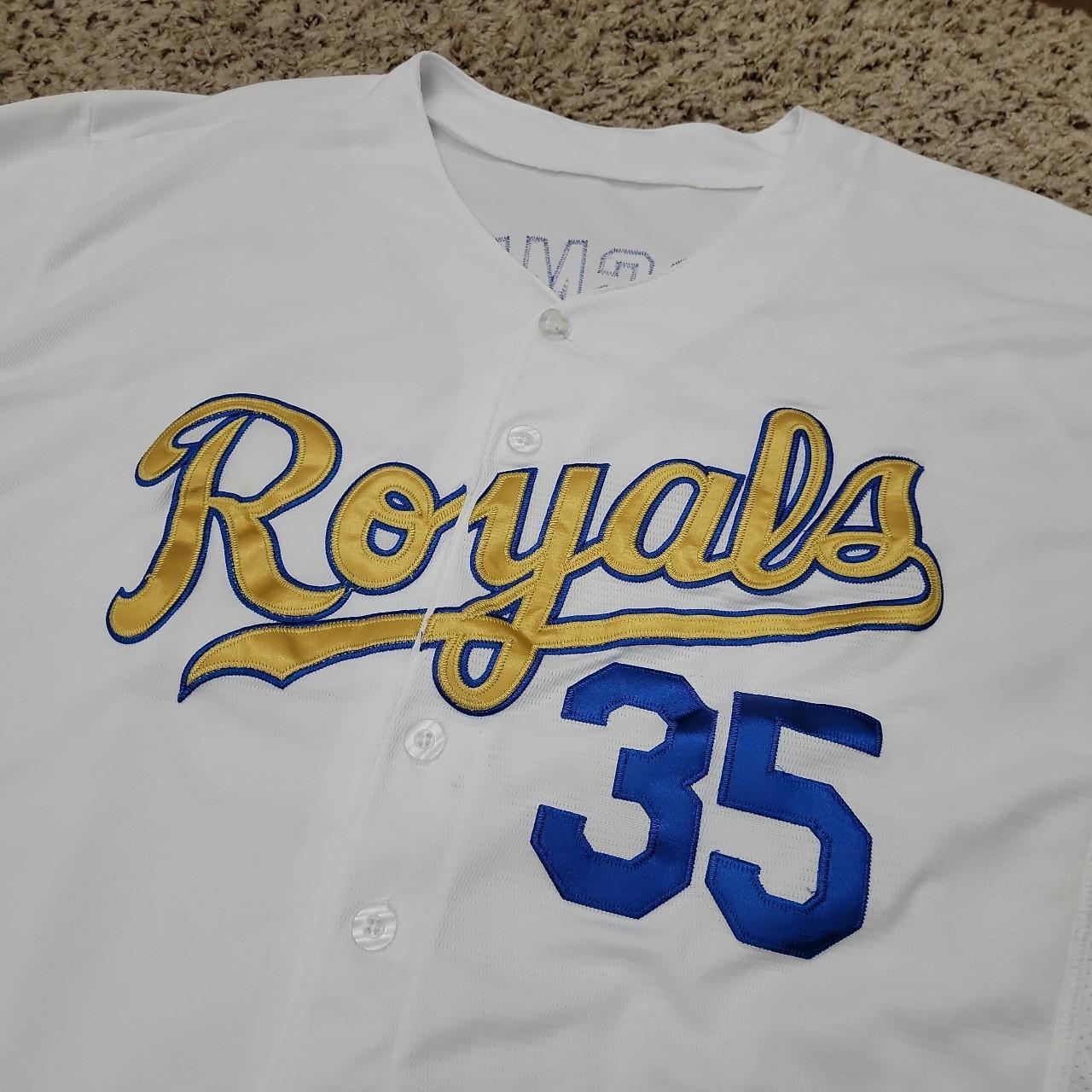 Majestic MLB Mens White Blue Kansas City Royals #35 Eric Hosmer