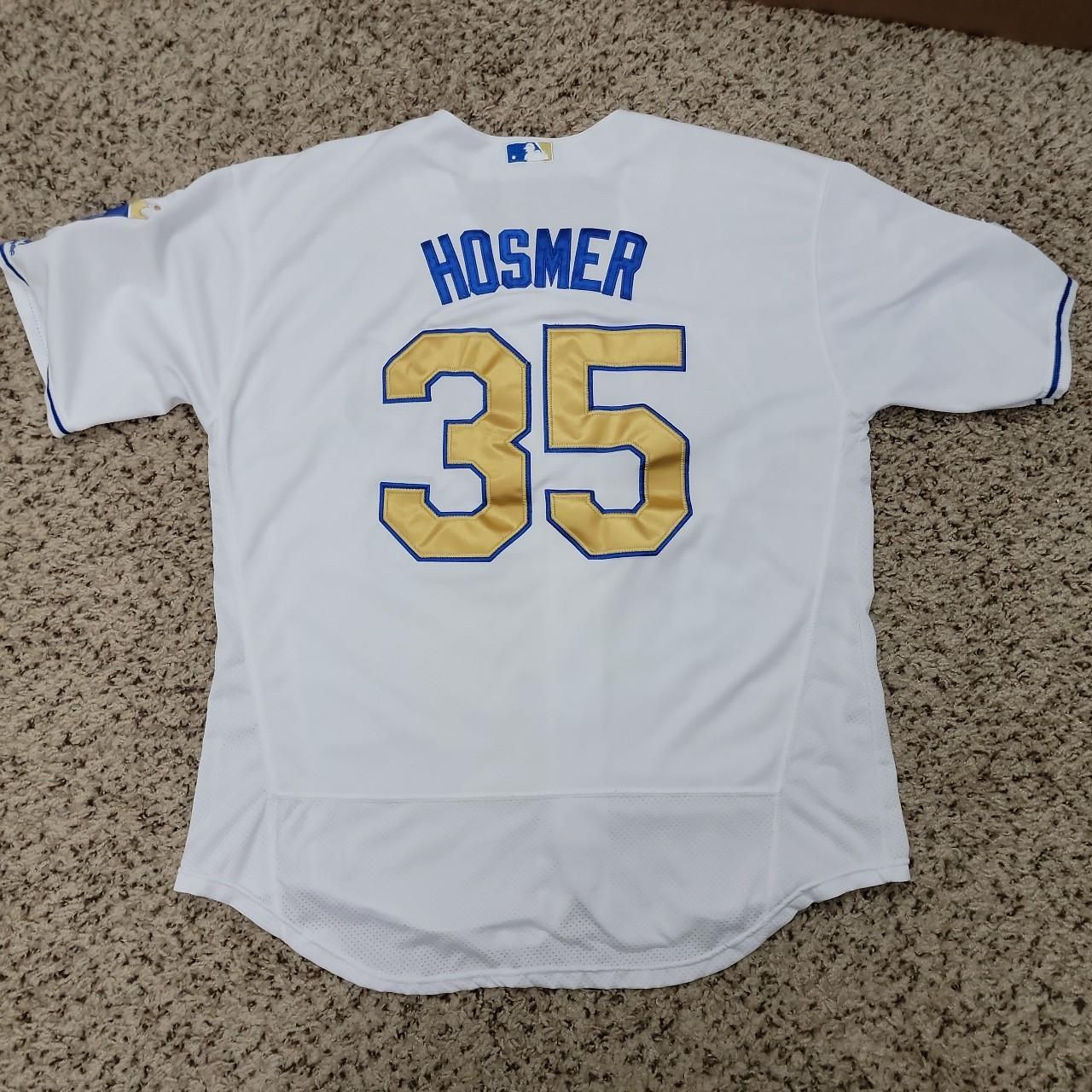 Majestic MLB Mens White Blue Kansas City Royals #35 Eric Hosmer