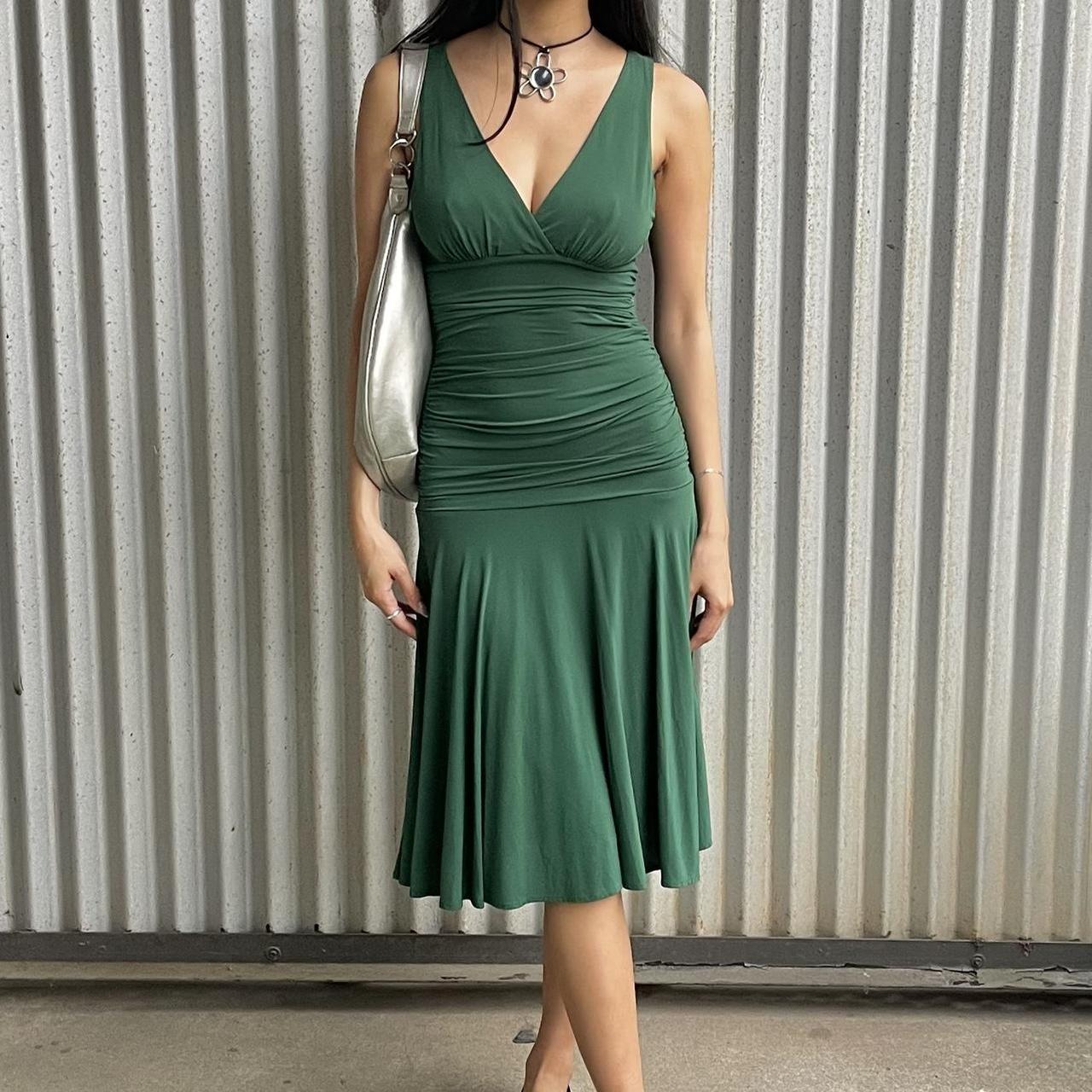 BCBG slinky green ruched midi dress size S also Depop