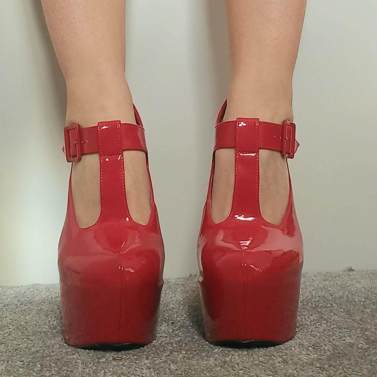 Red vegan patent leather fetish Von D wedge shoes - Depop