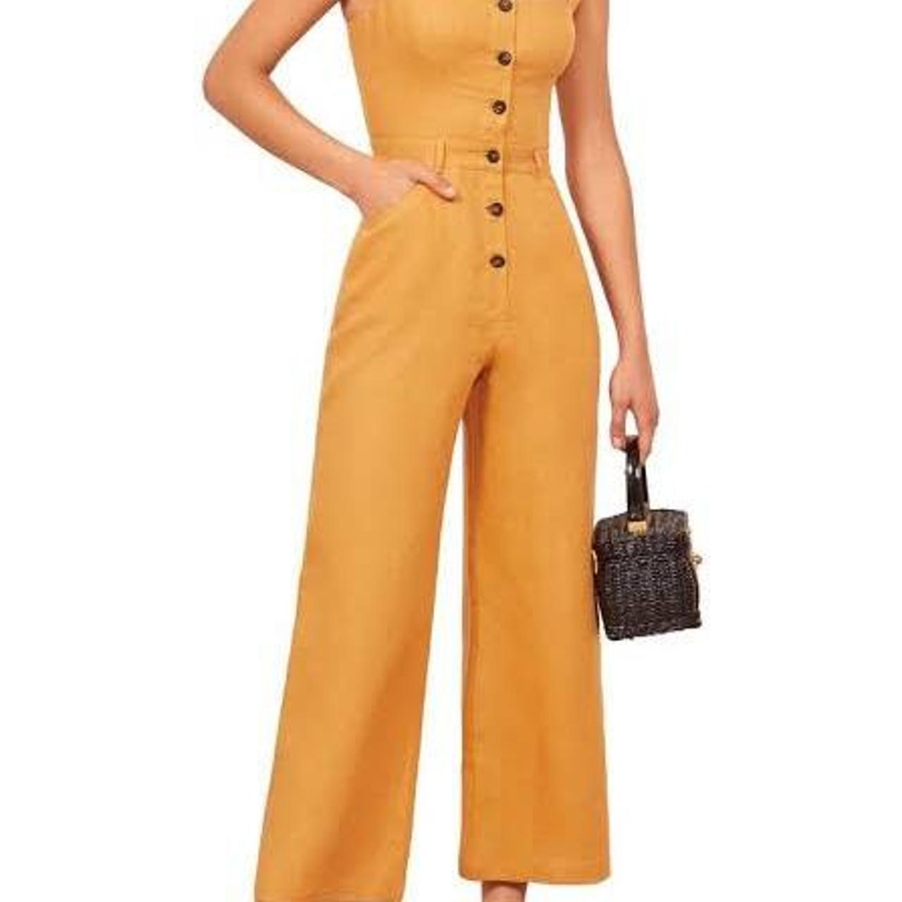 Reformation Yellow Linen Tyler Jumpsuit Size 6 One... Depop