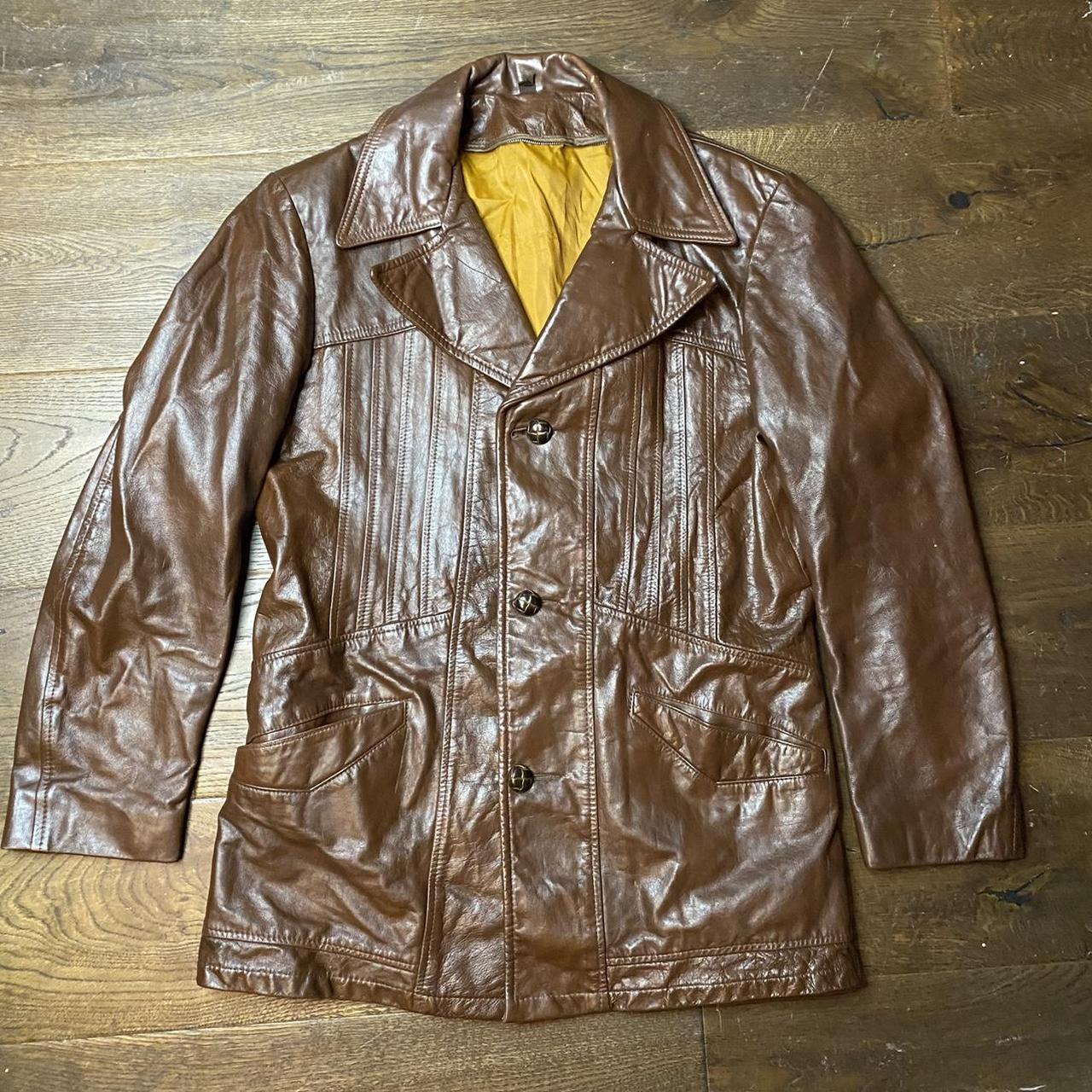 70s brown leather jacket Button up brown leather... - Depop