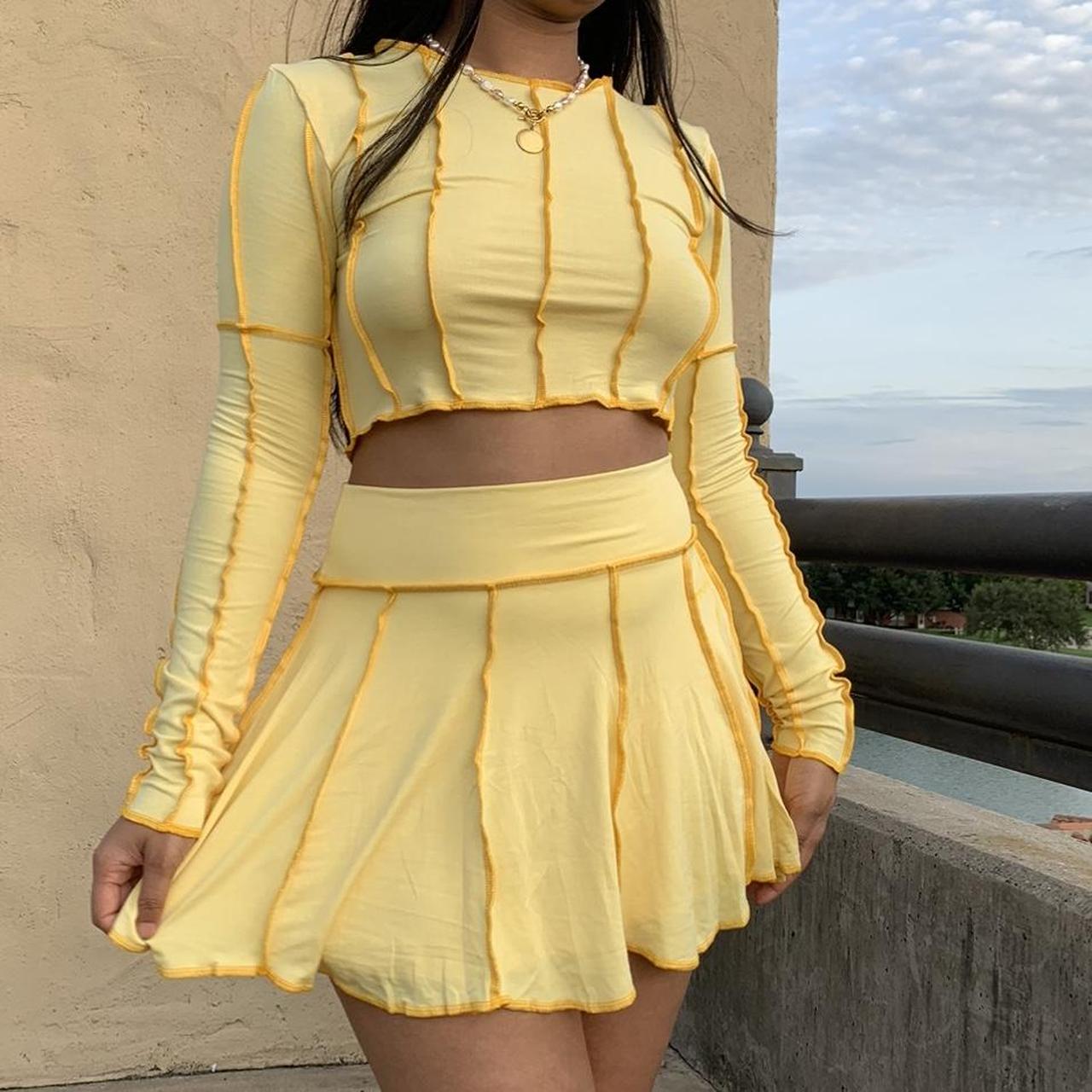 O mighty yellow long sleeve crop top and mini skirt set - Depop