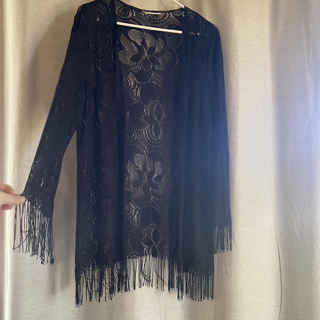 Black Lace Cardigan With Fringe sleeves No size tag... - Depop