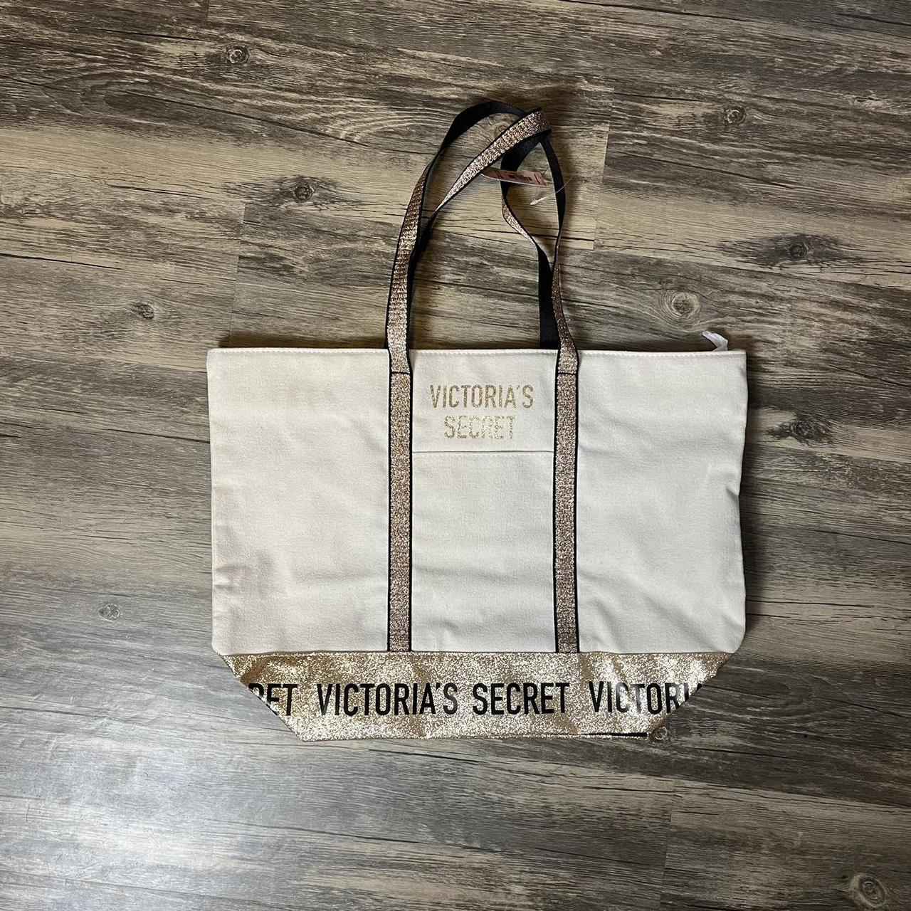 NWT sparkly Victoria s Secret canvas tote bag Cream. Depop