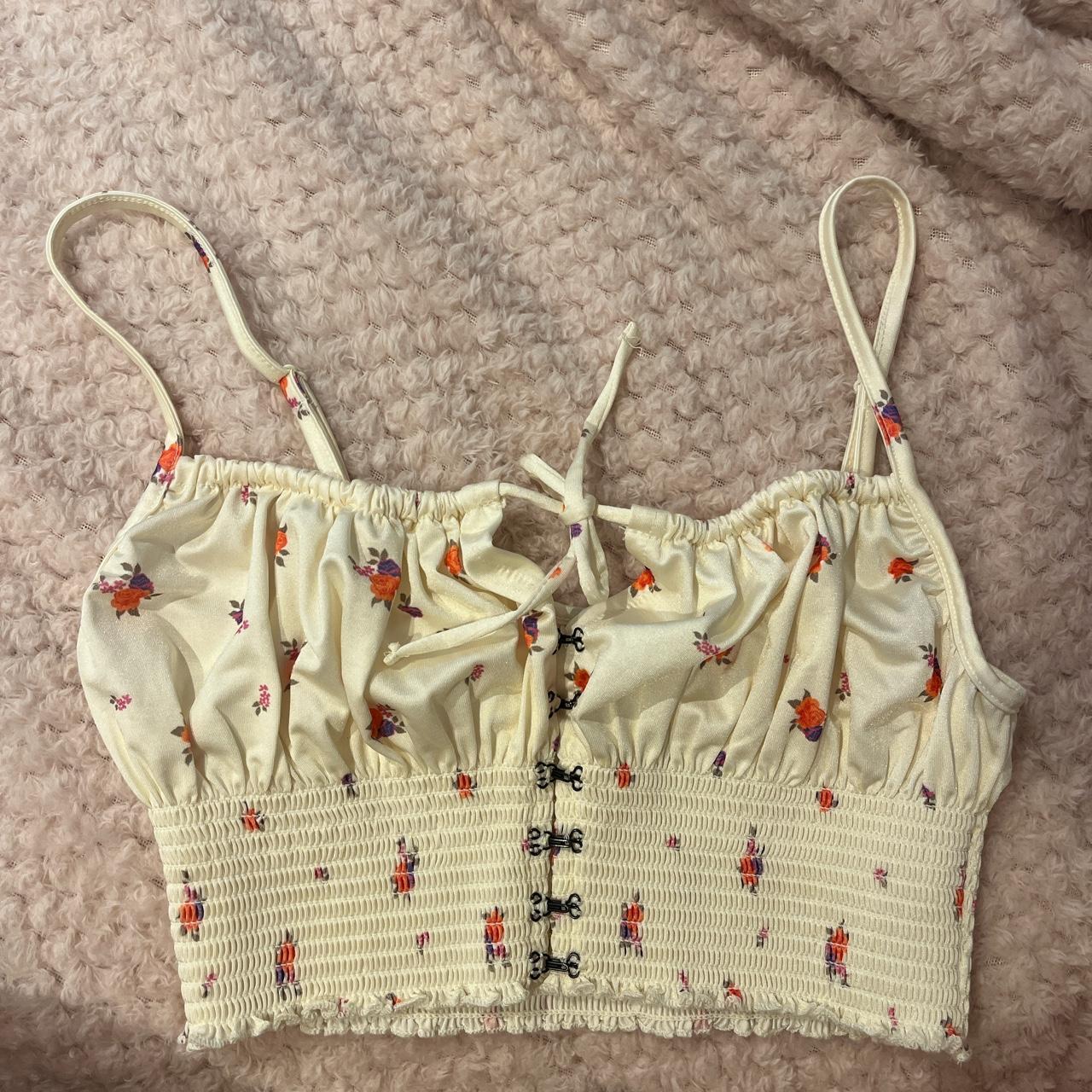 Urban outfitters lemon/ cream floral satin top... - Depop