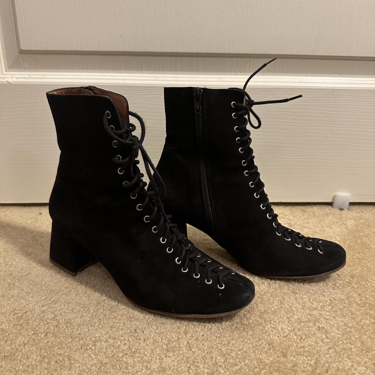 By far black Becca lace up suede heeled booties Depop