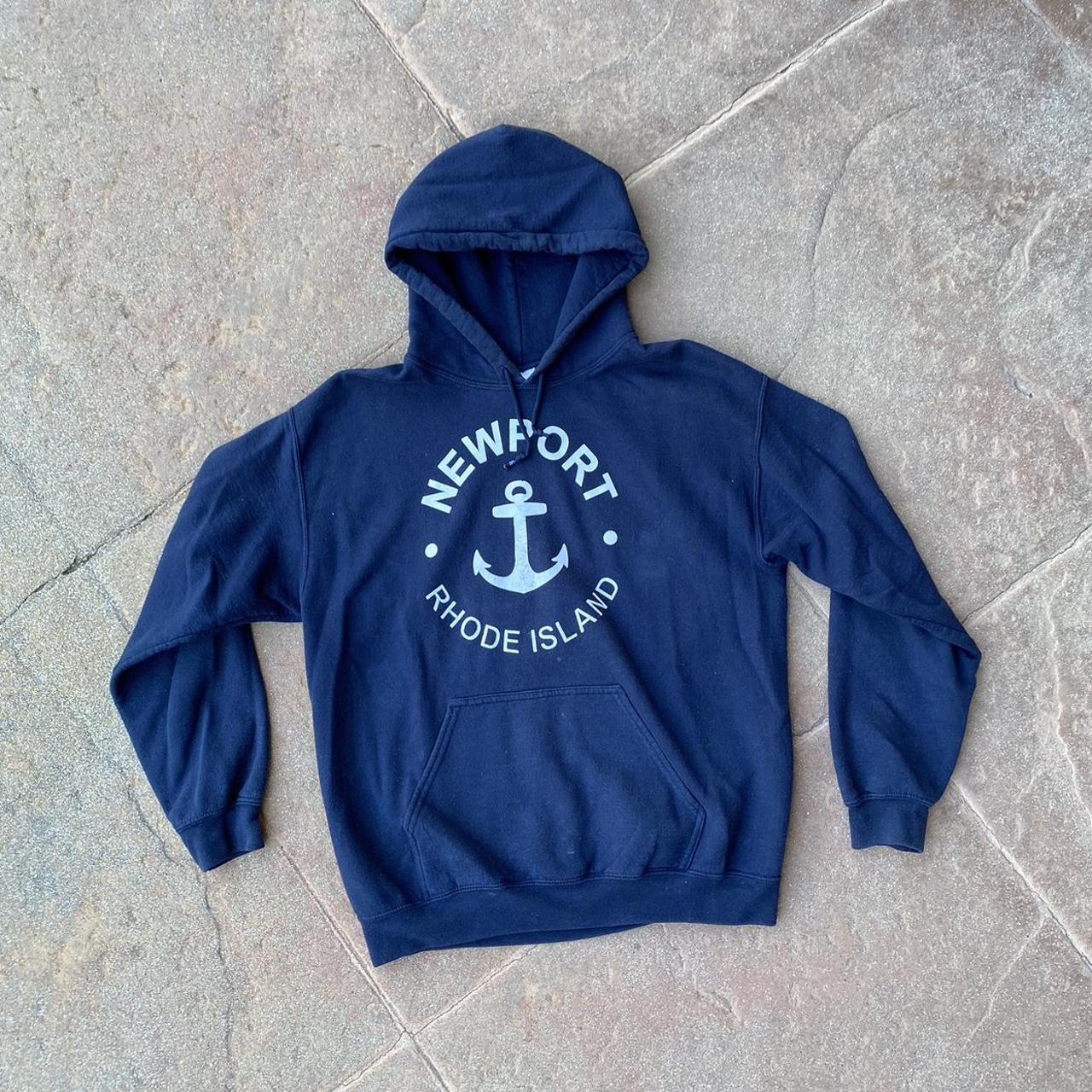 Gildan Men's Navy and White Hoodie | Depop