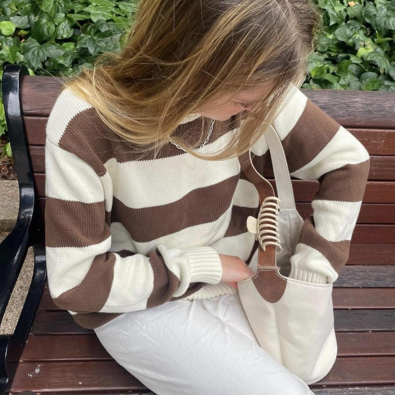 Brandy Melville Women's White and Brown Jumper Depop