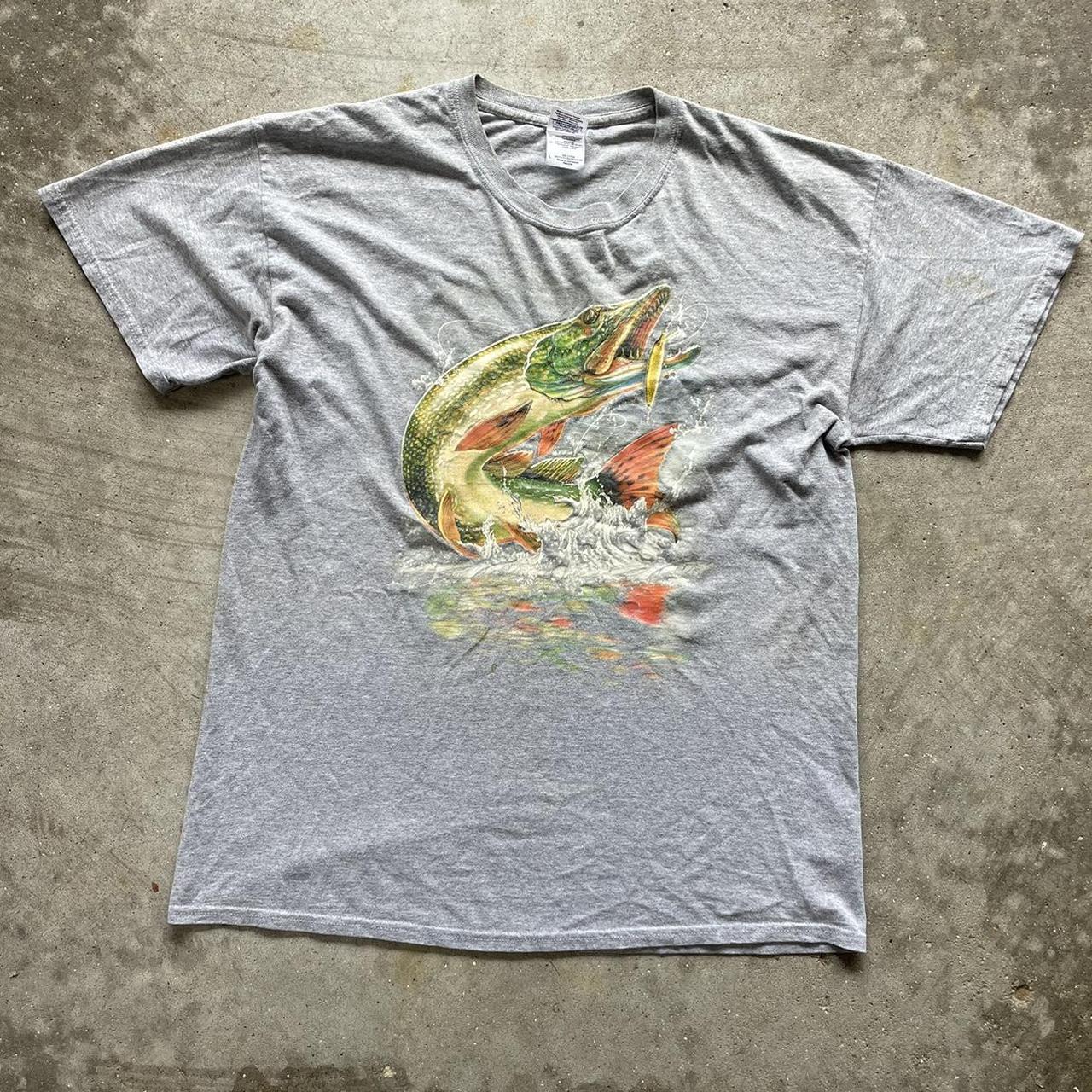 y2k fish nature shirt. size large fits tts. in good - Depop