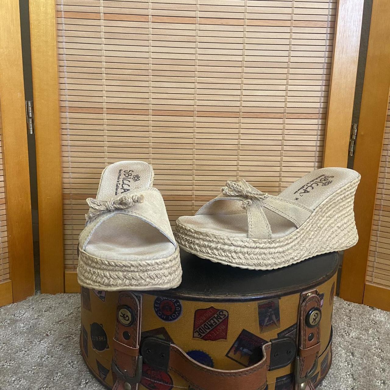 tan suede platform sandals with bows and woven straw... - Depop